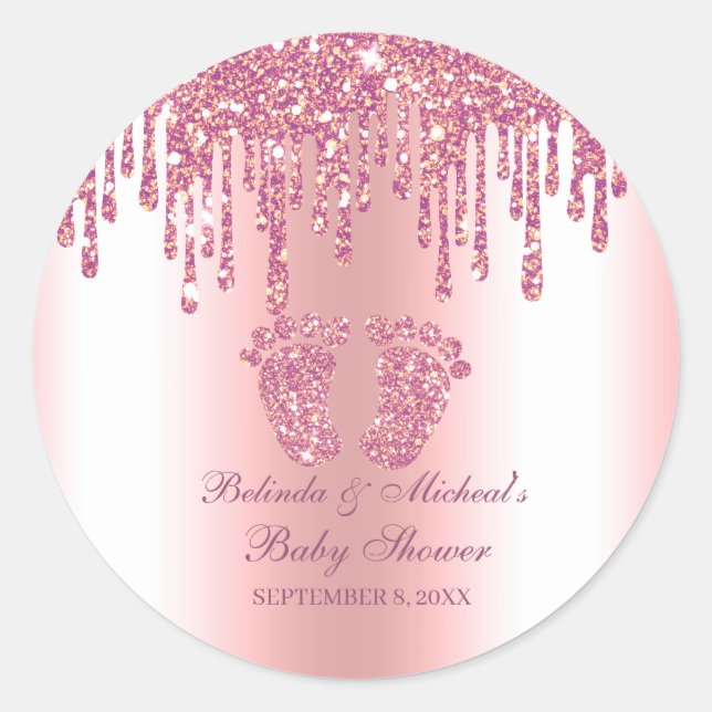 Glitter Drip Pink Baby Feet Baby Shower Classic Round Sticker (Front)