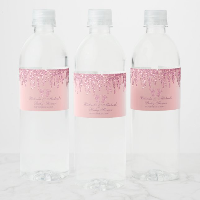 Glitter Drip Pink Baby Feet Baby Shower Water Bottle Label (Bottles)