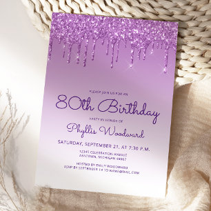 Glitter Drip Purple 80th Birthday Party Invitation