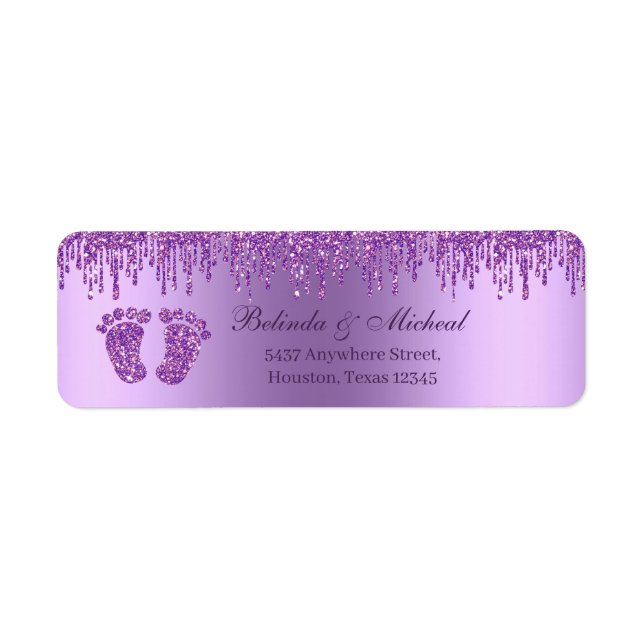 Glitter Drip Purple Baby Feet Baby Shower Address  Label (Front)