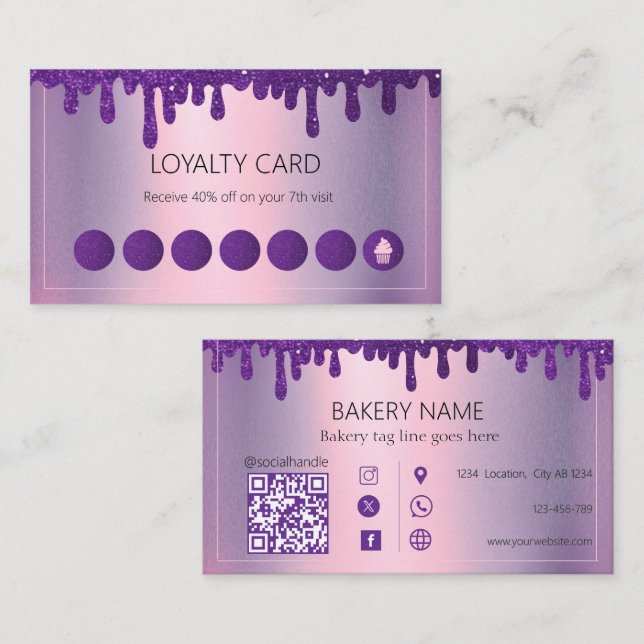 Glitter Drip Purple cupcake Bakery  Loyalty Card (Front/Back)