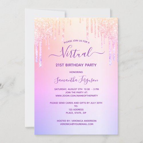 Glitter drip rainbow pink virtual birthday party invitation