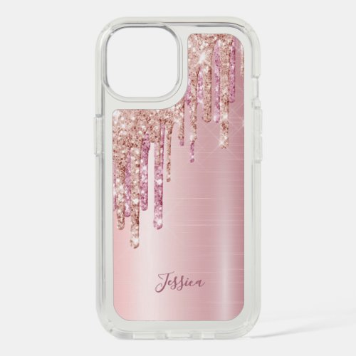 Glitter drip rose gold metallic monogram name iPhone 15 case