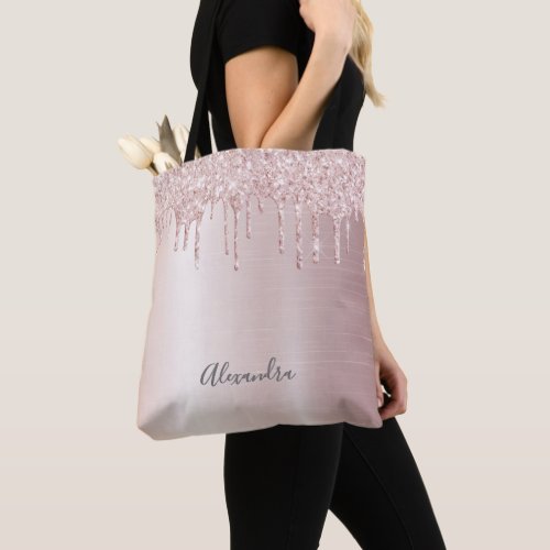 Glitter drip rose gold ombre name girly tote bag