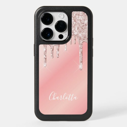 Glitter drip rose gold pink girly name OtterBox iPhone 14 pro case