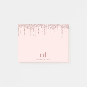 Glitter drip rose gold pink glam monogram post-it notes