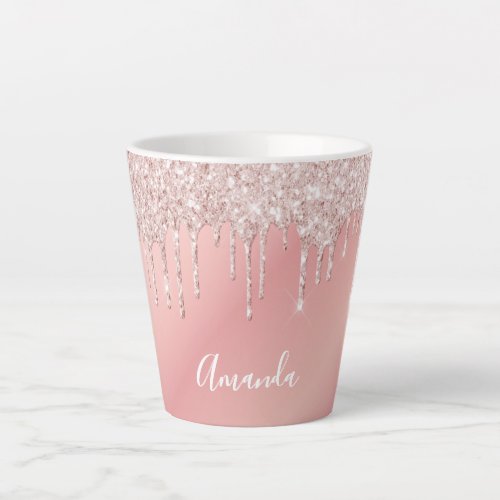 Glitter drip rose gold pink ombre girly name latte mug