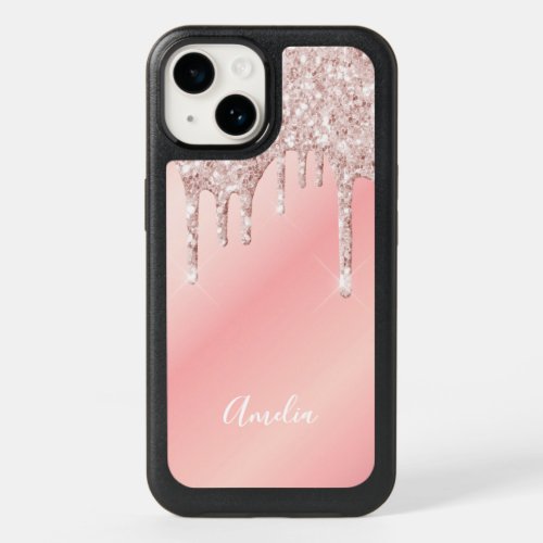 Glitter drip rose gold pink ombre girly name OtterBox iPhone 14 case