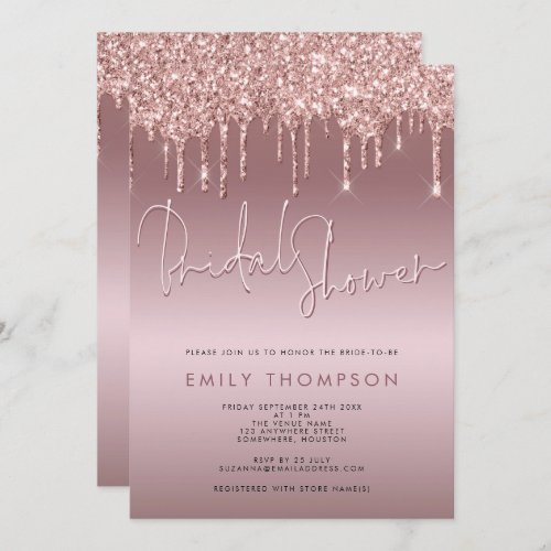 Glitter Drip Rose Gold Script Bridal Shower Invitation