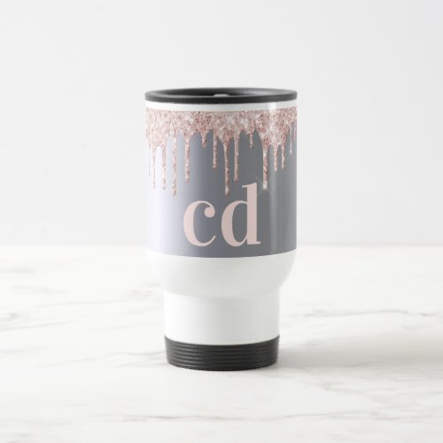 Glitter drip rose gold silver metallic monogram travel mug