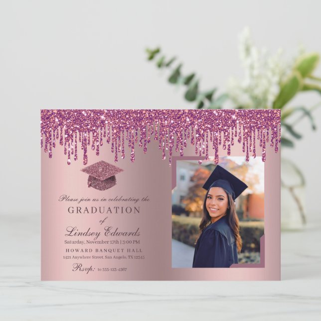 Glitter Drip Rose Pink Graduation Photo Invitation (Standing Front)
