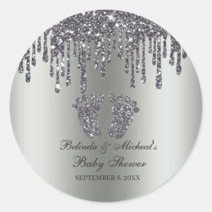 Glitter Drip Silver Baby Feet Baby Shower Classic Round Sticker