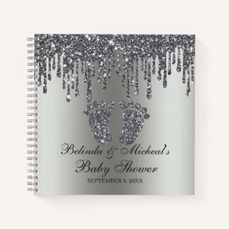 Glitter Drip Silver Feet Baby Shower Guestbook Notebook