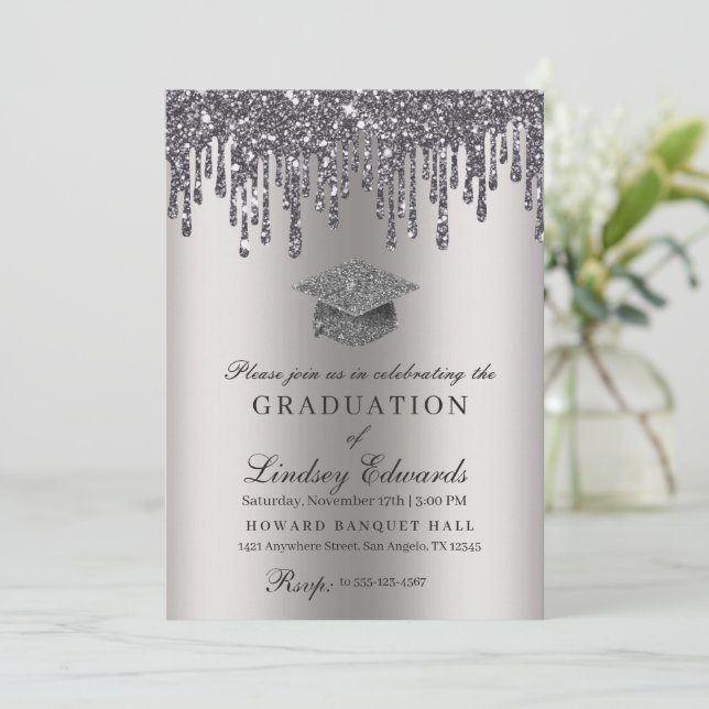 Glitter Drip Silver Graduation Invitation (Standing Front)