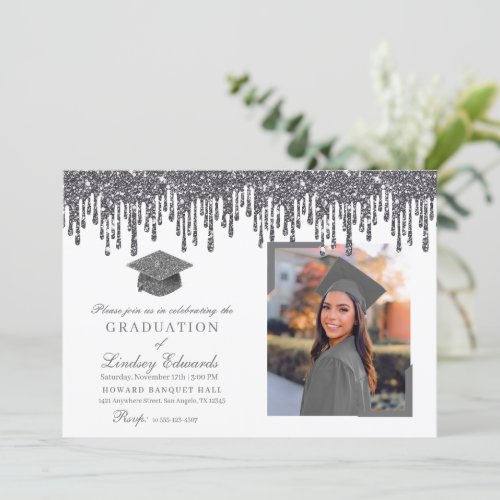 Glitter Drip Silver Graduation Photo Invitation