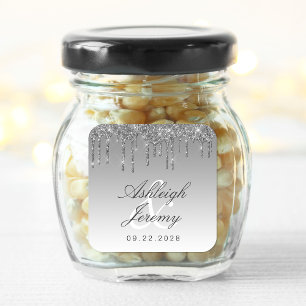 Glitter Drip Sparkle Ombre Script Silver Wedding Square Sticker
