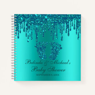 Glitter Drip Teal Feet Baby Shower Guestbook Notebook