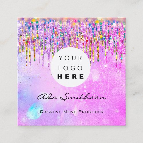 Glitter Drip Unicorn Rainbow Holograph QRCodeLogo  Square Business Card