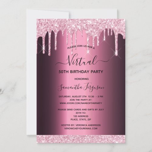 Glitter drip virtual birthday purple pink foil invitation