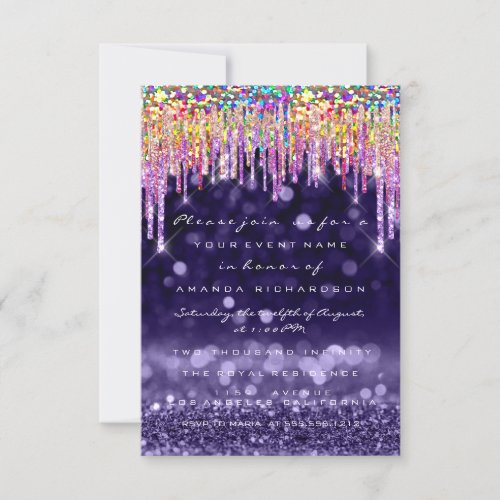 Glitter Drip Wedding Birthday Party Purple Rainbow Invitation