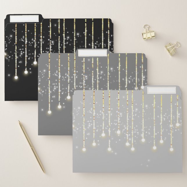 Glitter dripping string lights shiny black gray file folder (Set)