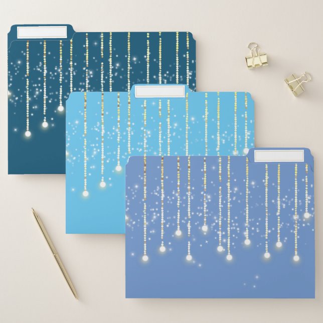 Glitter dripping string lights shiny blue hue chic file folder (Set)
