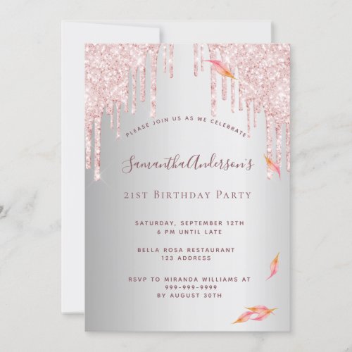 Glitter drips birthday party rose gold silver pink invitation