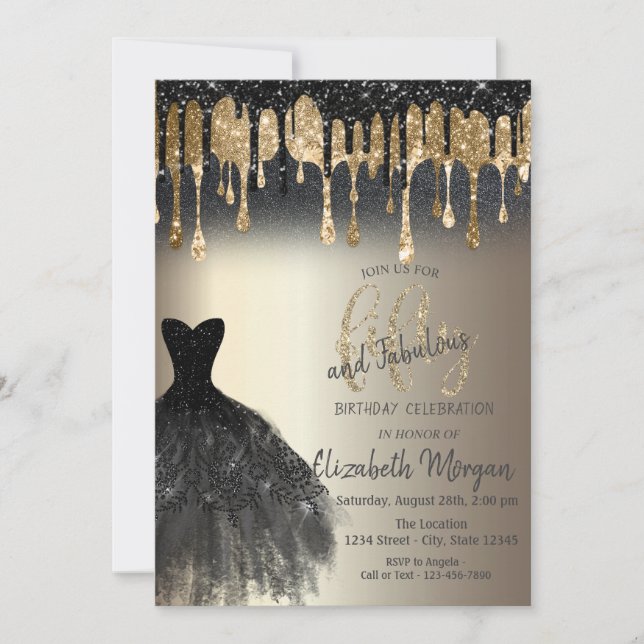 Glitter Drips Black Dress 50th Fabulous Birthday Invitation (Front)