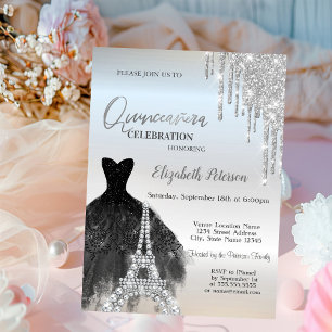 Glitter Drips,Black Dress,Eiffel Quinceañera Invitation