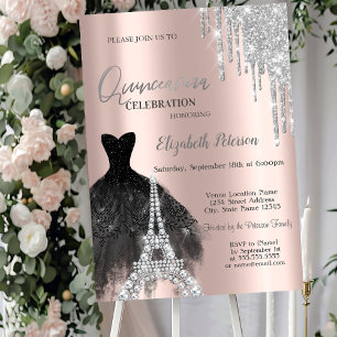Glitter Drips,Black Dress,Eiffel Tower Quinceañer Invitation