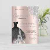  Glitter Drips,Black Dress,Eiffel Tower Quinceañer Invitation (Standing Front)