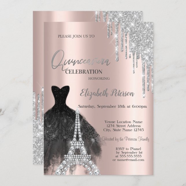 Glitter Drips,Black Dress,Eiffel Tower Quinceañer Invitation (Front/Back)