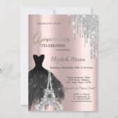  Glitter Drips,Black Dress,Eiffel Tower Quinceañer Invitation (Front)