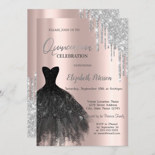  Glitter DripsBlack Dress Rose Gold 15th Birthday Invitation