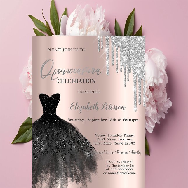  Glitter Drips,Black Dress Rose Gold 15th Birthday Invitation (Creator Uploaded)
