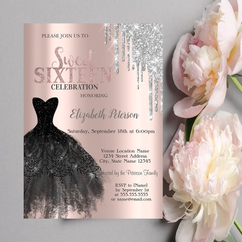  Glitter DripsBlack Dress Rose Gold Sweet 16 Invitation