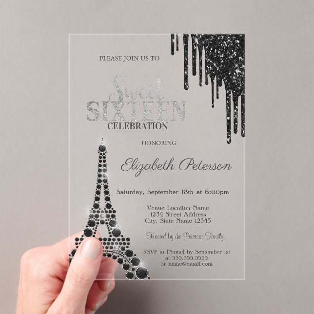 Glitter Drips,Black Eiffel Tower Sweet 16  Acrylic Invitations (Insitu (Handheld))