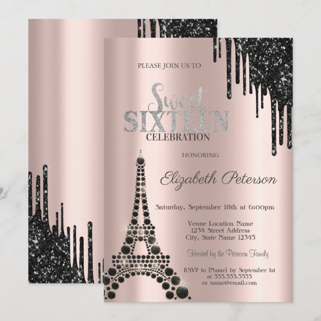 Glitter Drips,Black Eiffel Tower Sweet 16  Invitation (Front/Back)