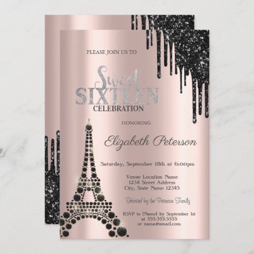 Glitter DripsBlack Eiffel Tower Sweet 16  Invitation