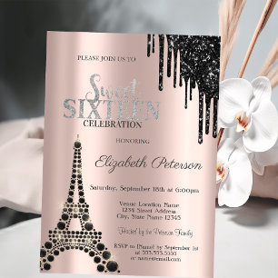 Glitter Drips,Black Eiffel Tower Sweet 16  Invitation