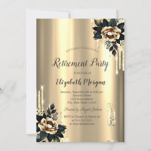 Glitter Drips,Black Roses Gold Retirement Invitation