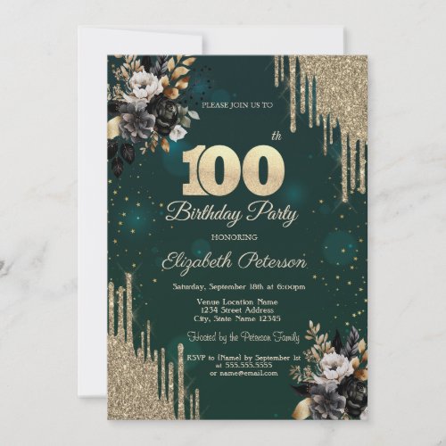 Glitter Drips Black Roses Green 100th Birthday 