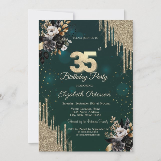 Glitter Drips Black Roses Green 35th Birthday  Invitation (Front)