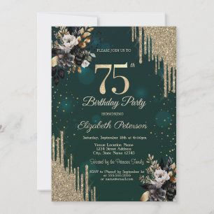 Glitter Drips Black Roses Green 75th Birthday Invitation