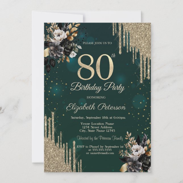 Glitter Drips Black Roses Green 80th Birthday  Invitation (Front)