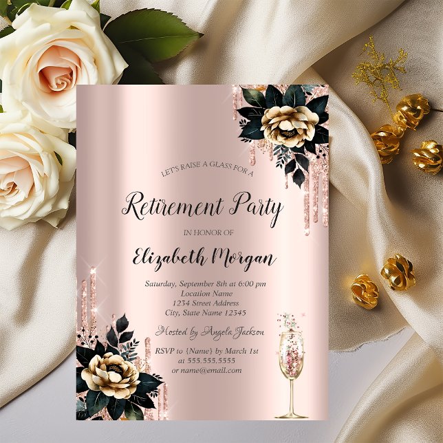 Glitter Drips,Black Roses Rose Gold Retirement    Invitation (Creator Uploaded)
