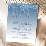 Glitter Drips Blue 18th Birthday Party Invitation Postcard<br><div class="desc">This trendy 18th birthday invitation features a sparkly blue faux glitter drip border and ombre background. The words "18th Birthday" and the name of the guest of honor appear in casual blue handwriting script,  with the rest of the customizable text in blue sans serif font.</div>