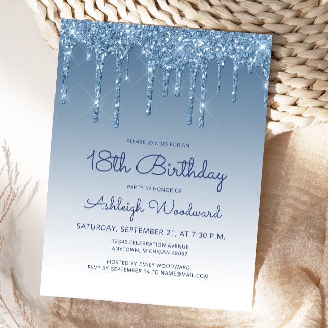 Glitter Drips Blue 18th Birthday Party Invitation Postcard (Creator Uploaded)