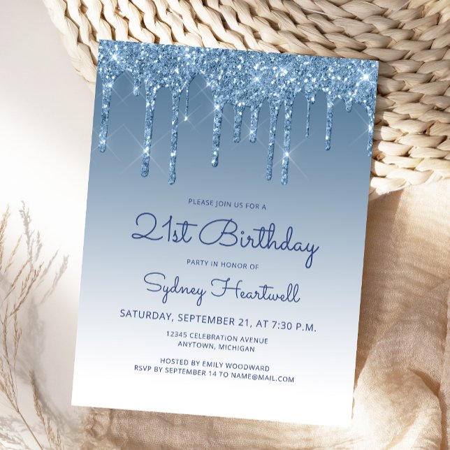 Glitter Drips Blue 21st Birthday Party Invitation Postcard (Creator Uploaded)
