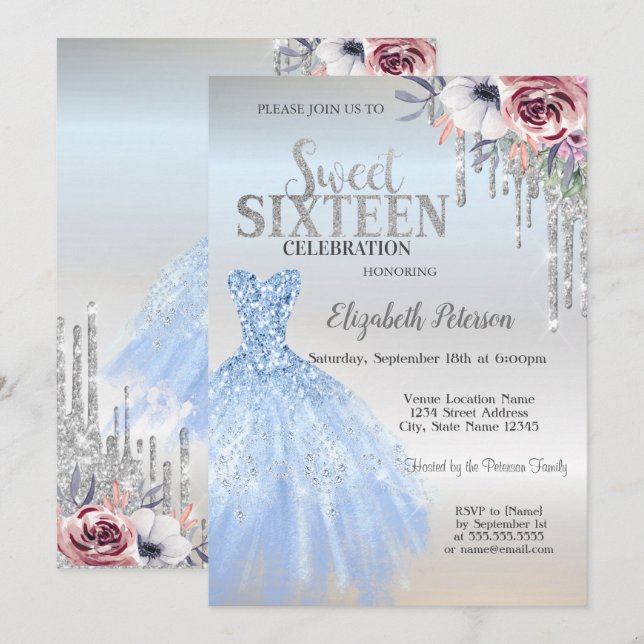Glitter Drips,Blue Dress Flowers Silver Sweet 16   Invitation (Front/Back)